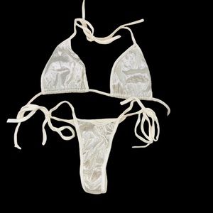 White with silver metallic thong bikini self tie sides, sparkly